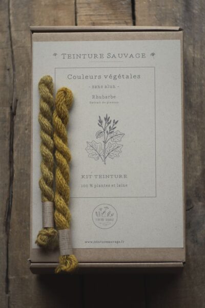 fils de laine teint grâce au kit teinture végétale rhubarbe