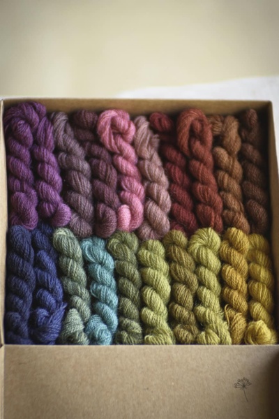 coffret en carton naturel contenant vingt échevettes de fils à broder en laine teints naturellement de plusieurs couleurs
