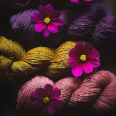 écheveau de aine violet jaune et rose teints naturellement avec des fleurs roses